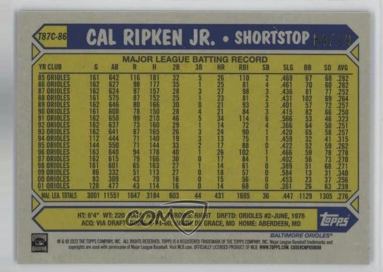 2022 Series 1 1987 Topps Chrome Silver Pack Mojo Green /99 Cal Ripken Jr HOF - Image 2 of 2