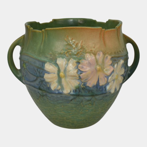 Roseville Cosmos 1939 Vintage Art Pottery Green Ceramic Handled Vase 649-5