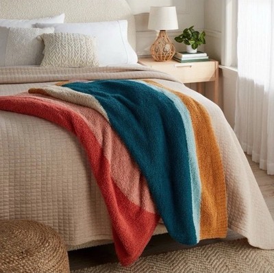 Threshold Cozy Chenille QUEEN Size Bed Blanket 92'' x 90'' Colorblock Stripes NWT