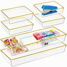 6 Pack Large Size Clear Stackable Drawer Organizer Trays, Gold 6 PACK,