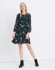 Madewell Sheer-Sleeve Pintuck Ruffle Dress in Spruce Blooms Dark Green Size 2