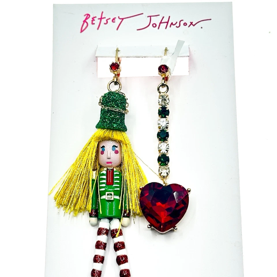 NWT BETSEY JOHNSON Holiday Nutcracker Heart Mismatched Leverback Drop Earrings - Image 4 of 4