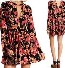 Free People Tegan Black Orange Floral Bell Long Sleeve Fit Flare Mini Dress Sz 8