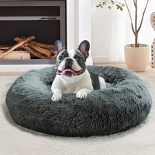 Calming Donut Dog Bed 36in Large Washable Faux Fur, AntiSlip, Fits 80 lb