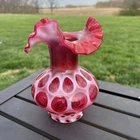 Gorgeous Fenton Cranberry Opalescent Glass Coin Dot Vase w/ Ruffled Top 7” MINT!