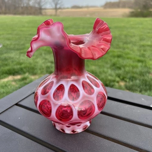 Gorgeous Fenton Cranberry Opalescent Glass Coin Dot Vase w/ Ruffled Top 7” MINT!