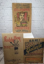 VTG Lot Of 3 CA Pin Up Lehr Bros Roddy Boy Galaxie Potato Burlap Sack Art USA