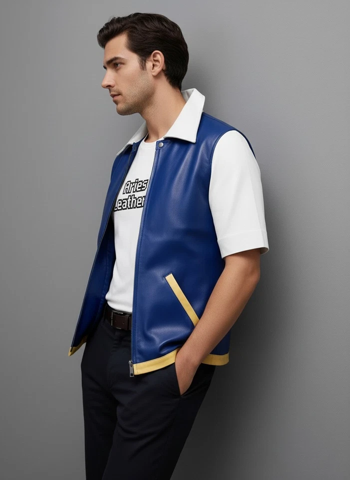 Chaqueta de cuero de piel de cordero azul Pokémon Ash Ketchum para hombre - Chaqueta de ceniza Pokémon Foto 3 de 4