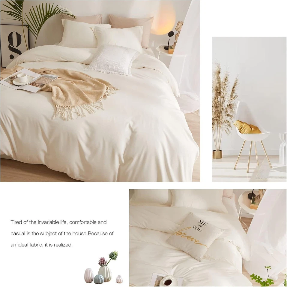 Funda Nórdica Color Crema Queen Marfil Blanco Con Cierre De Cremallera 3 Piezas。 — 第 2/4 张图片