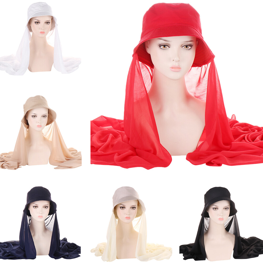 Chiffon Bucket Hat Hijab with Shawl Cap for Muslim Women Head Wrap-image