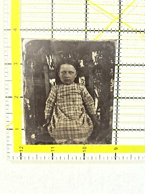XX RARE 1800s TINTYPE of LITTLE GIRL OUTSIDE POSTMORTUM PROPED UP ...