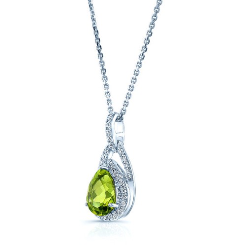 14k Oro Blanco Corte Pera Peridoto Diamante Halo Colgante Lágrima Collar Natural - Imagen 2 de 3