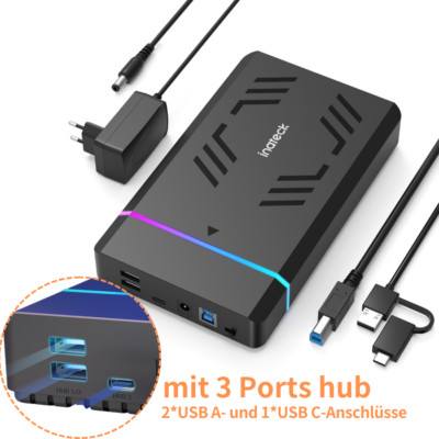 [mit 3 Ports hub] 3.5 Zoll SATA Festplattengehäuse USB 3.0 HDD SSD 2,5''/3,5'' RGB