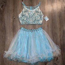 2 piece beaded Prom Dress Rhinestone Turquoise short Homecoming Formal Size 10