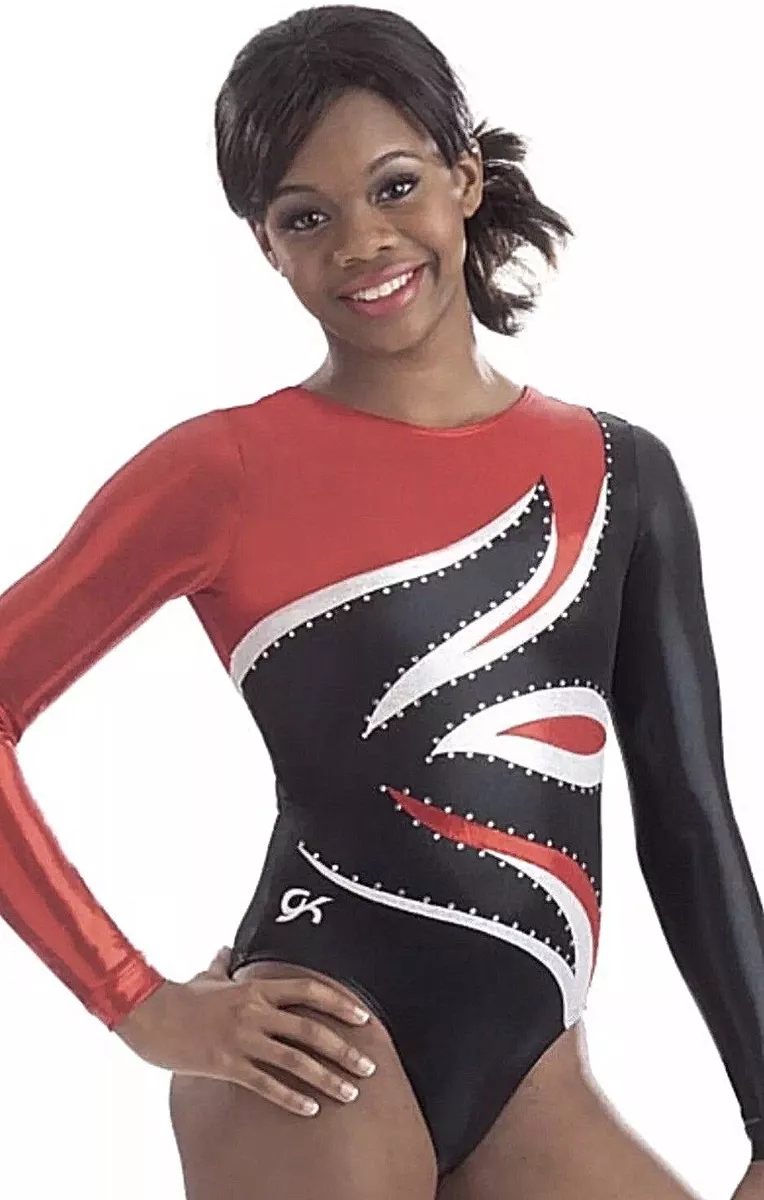 GK ELITE Gymnastics LEOTARD Red SILVER White SWAROVSKI Rhinestone