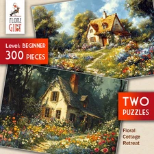 2 x JIGSAW PUZZLES 300pc ~ Floral Cottage Retreat - charming countryside FG2029