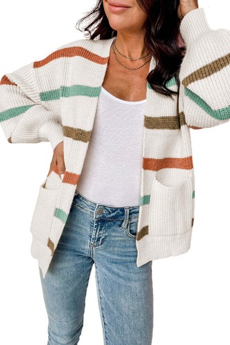 Beige Drop Shoulder Pocketed Stripe Sweater Cardigan - Picture 8 of 8
