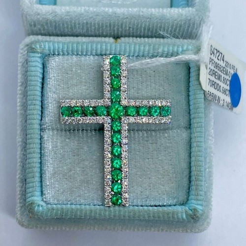 2Ct Round Cut Lab-Created Emerald Cross Pendant 14K White Gold Plated 18" Chain - Picture 4 of 8