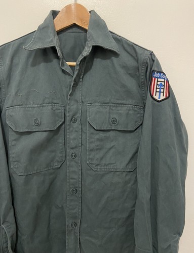 VTG 60'S JOB CORPS PATCHED GREEN SANFORIZED COTTON TWILL WORK L/S SHIRT USA S M