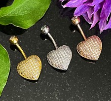 1pc Paved CZ Gems Heart Belly Button Ring Pierced Navel Gold Plated Naval