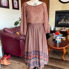 Vintage England Made Midi Metallic-Polyester Long Sleeve Dress Brown Size UK 14