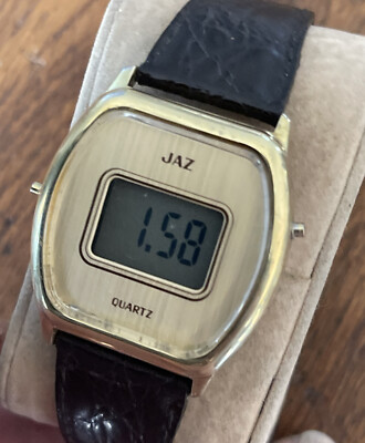 Montre Digitale JAZ Swiss Quartz - Boîtier Doré, Bracelet Cuir Noir - Occasion Fonctionnelle