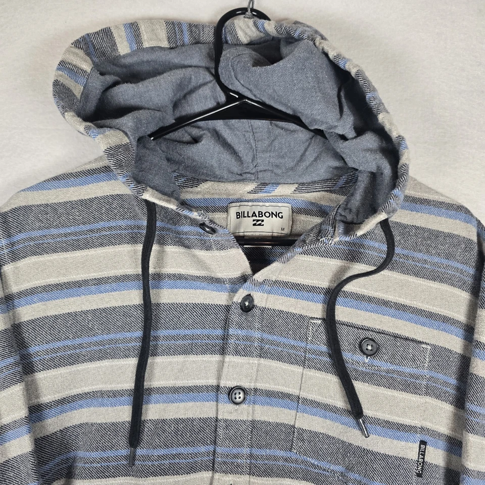 Billabong Baja Hooded Long Sleeve Flannel Mens Medium Shirt White/Gray/Blue - Image 2 of 4