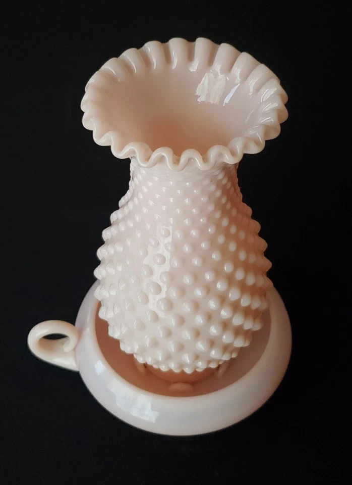 Fenton Rose Pink Hobnail Hurricane Lamp Shade Finger Loop Chamber Candle Holder - Image 4 of 4