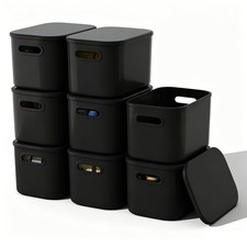 8 Pack Black Storage Bins with Lids Stackable Storage Container for Organizin...