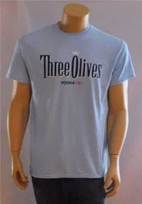 THREE OLIVES VODKA T Shirt Uni Sex Medium Light Blue Cotton Alcohol Drink