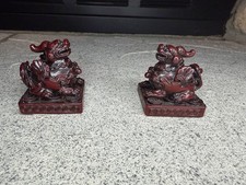 Chinese Foo Dogs Pair Red Resin 2” Guardian Lions Feng Shui Statue Set