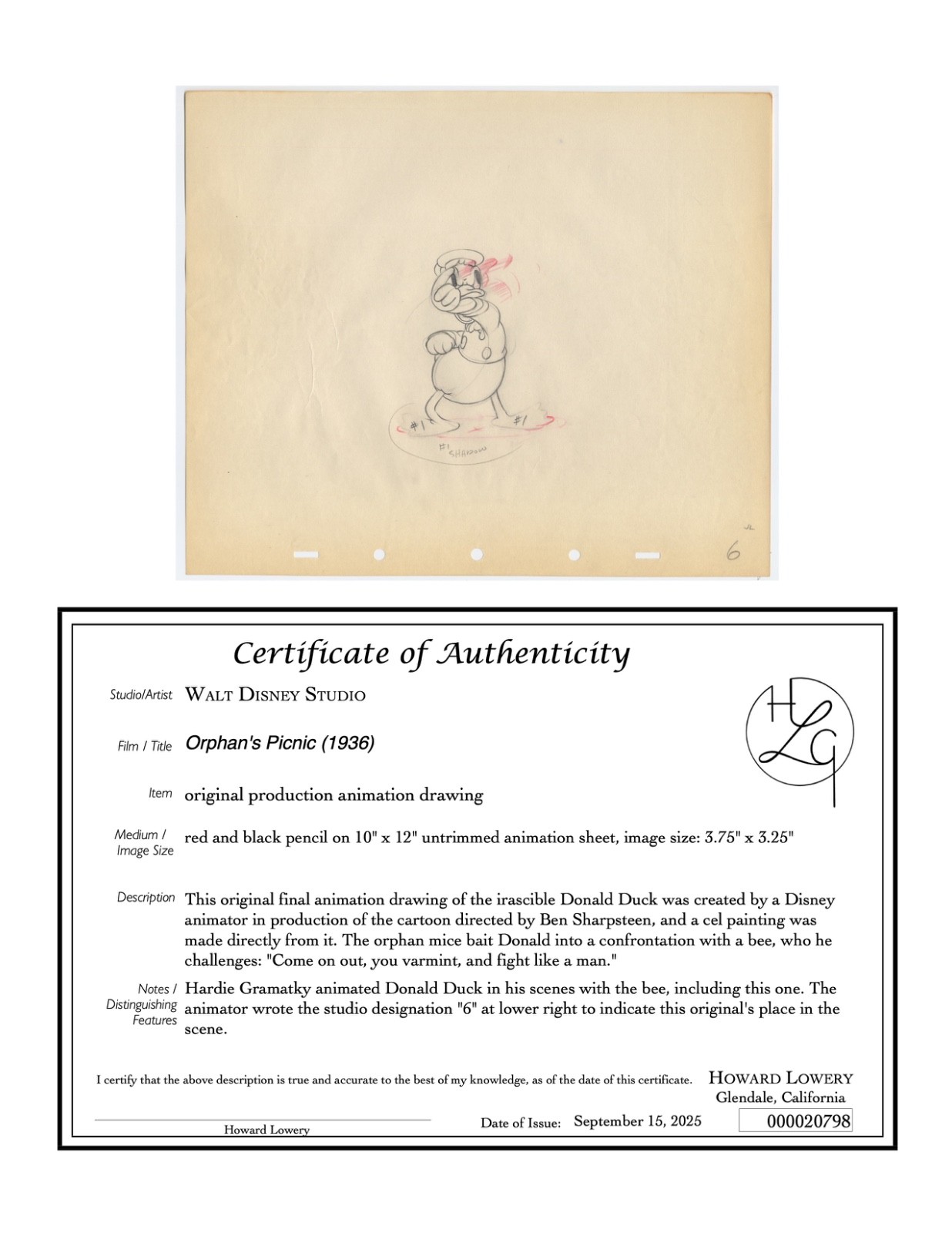 Disney ORPHAN'S PICNIC Animation Drawing of DONALD DUCK in Classic Fit, 1936