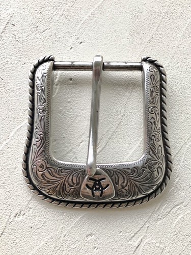 Ariat Western Belt Buckle Filigree Scroll Logo Silver Toned Rope Edge