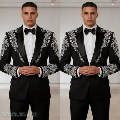 Beaded Men Suit Crystals Jacket Single Breasted Peak Lapel Classic Formal Party