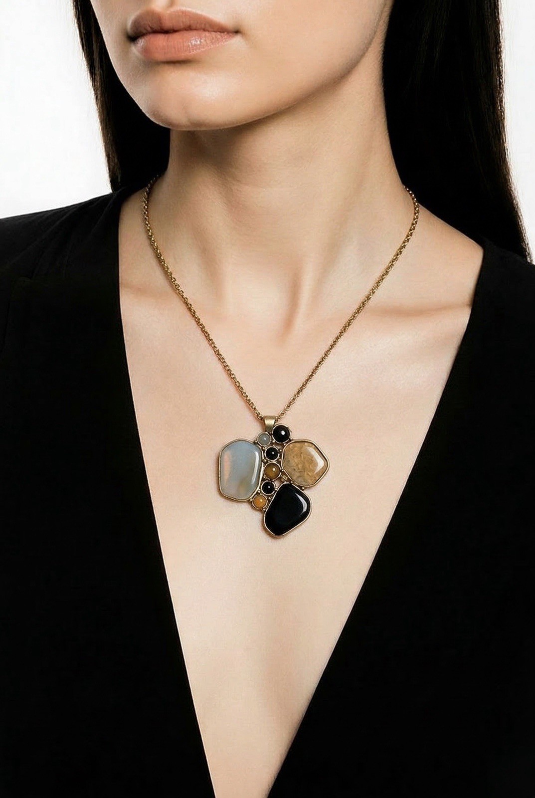 Vintage Artisan Multi Stone Statement Pendant Nec… - image 1