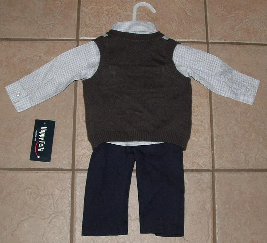 NUEVO Niño Talla 6-9 Meses Pantalones, Camisa Manga Larga y Chaleco Suéter Argyle Conjunto de 3 Piezas Foto 3 de 3