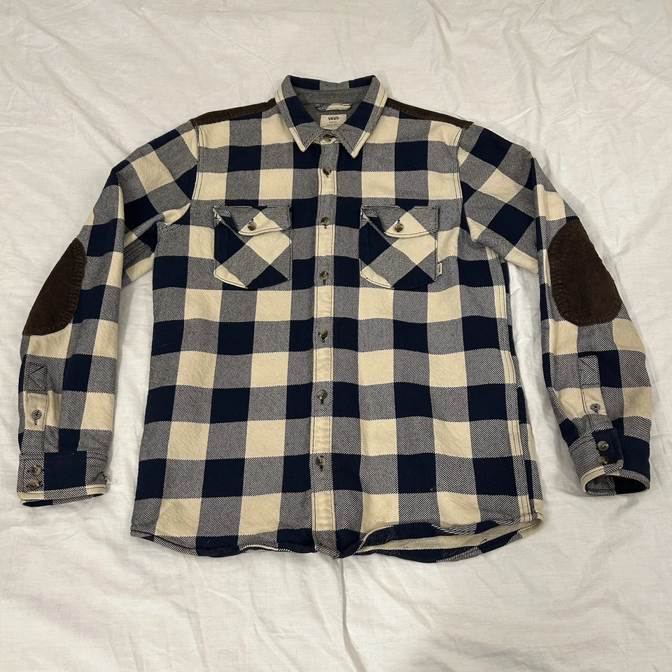 Camisa de franela de caja de alta resistencia Vans para hombre mediana azul marrón pana parche en el codo Foto 3 de 4