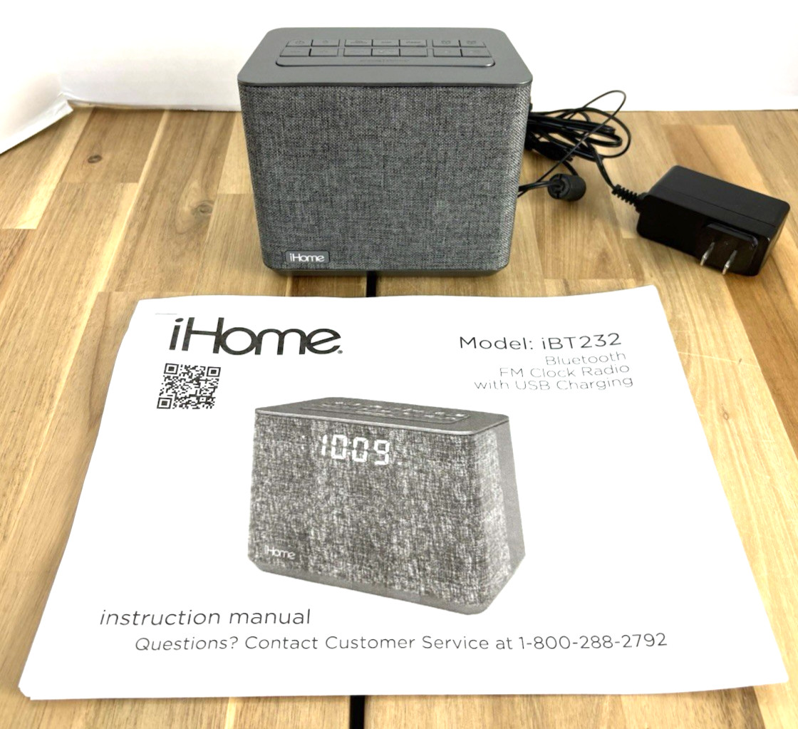 iHome FM Dual-Alarm Clock Radio + USB Charger + Bluetooth ~Gray~ Tested/Works