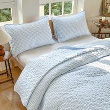 Light Blue Gingham Queen Quilt Set, Soft Pre-Washed Microfiber Blue Plaid Que...