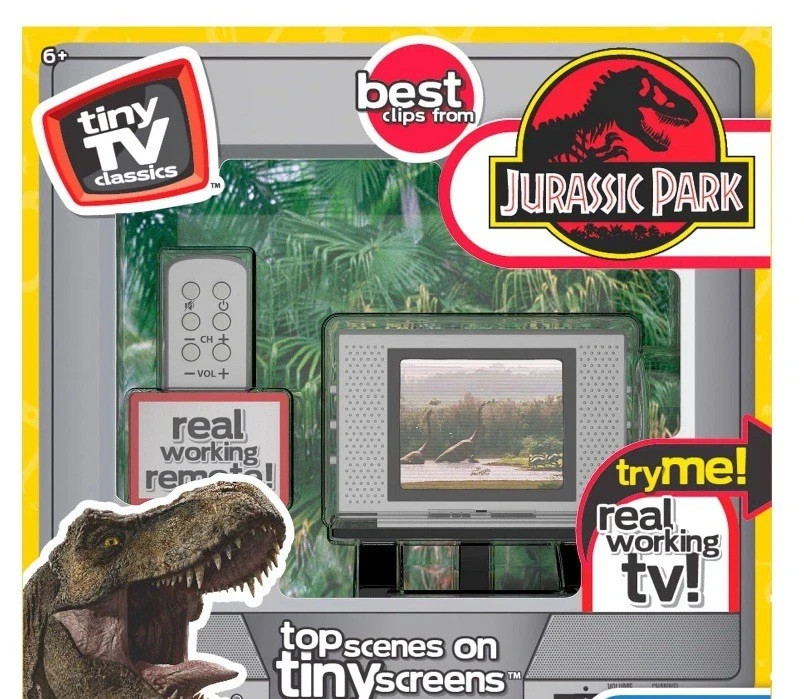 A fully working miniature Jurassic Park TV that actually plays clips — an absurdly charming desk toy for the dino-obsessed.