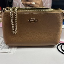 Coach Pebbled Brown Zip Wristlet Gold Chain Strap Detachable, Inner Pockets
