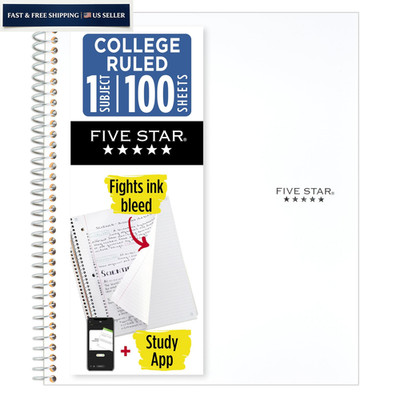 Five Star Spiral Notebook + Study App, 1 Subject, College 8-1/2'' x 11'', White