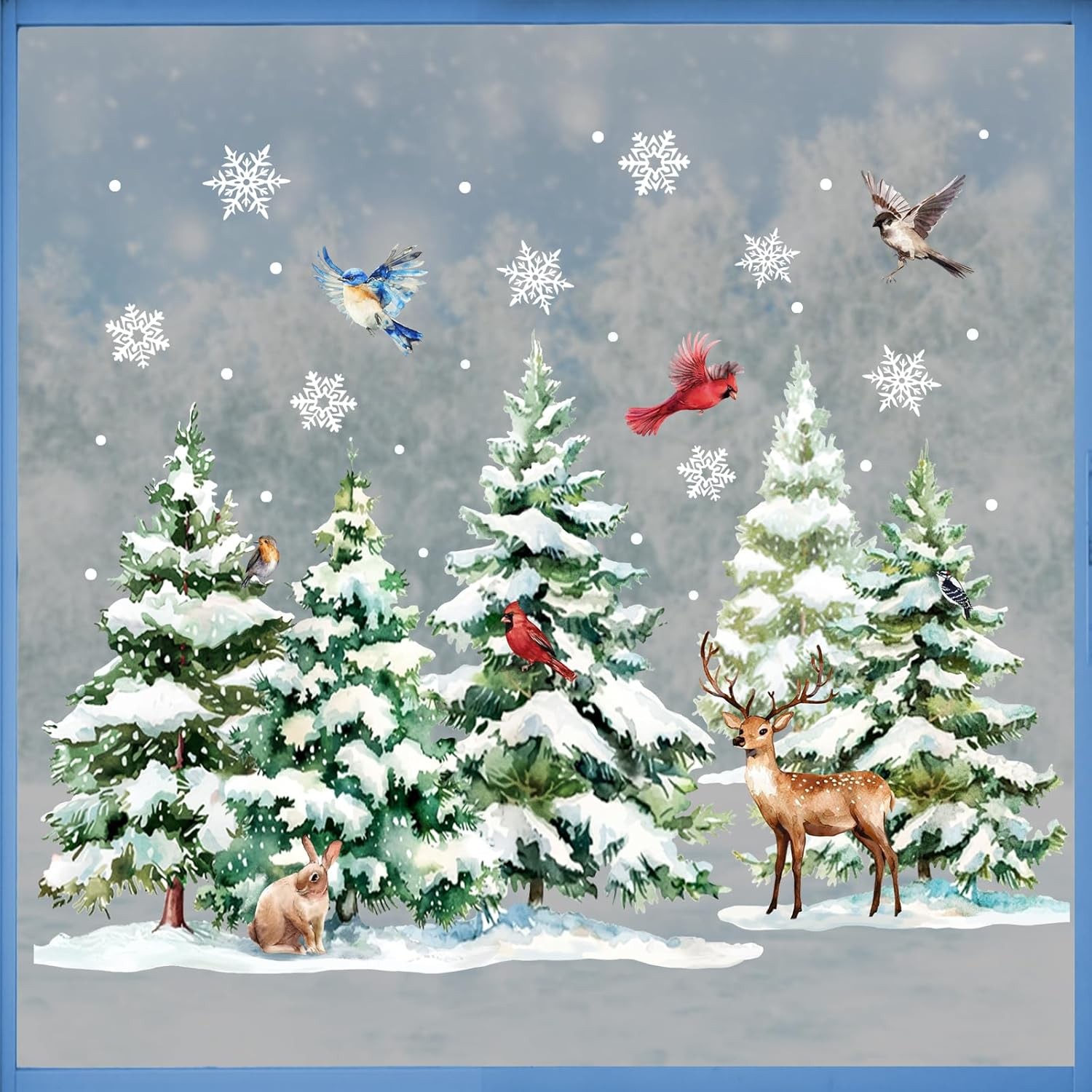 Mfault Winter Forest Animals Window Clings, Snowy Woodland Pine Tree 