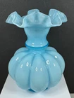 Vintage Fenton Blue Overlay Melon Art Glass Vase with Ruffled Rim 5.75" Tall