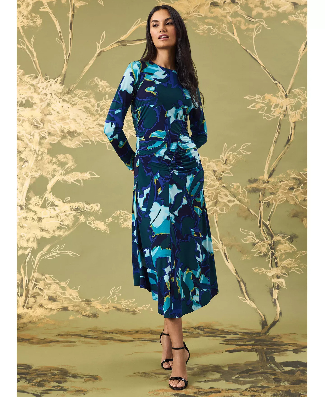 Maggy London Women's Dress Sz 6 Printed Gathered Midi