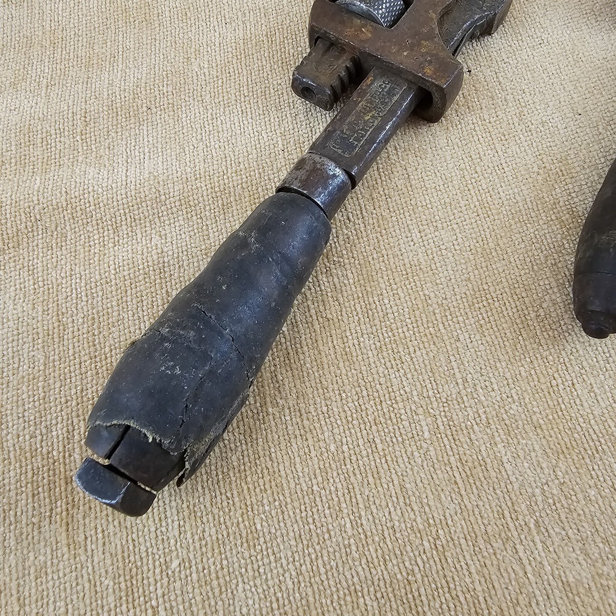 2) Antique 1920? Wood Handle Adjustable Monkey Wrench Pipe