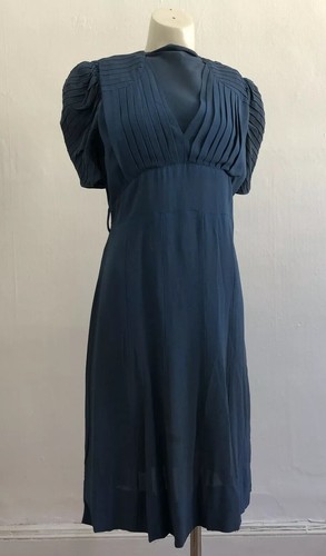 Vintage 1930s 40s Blue Crepe Silk Midi Day Dress P
