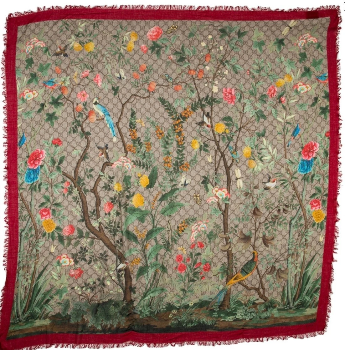 Foulard GUCCI GG monogramme motif fleurs oiseaux