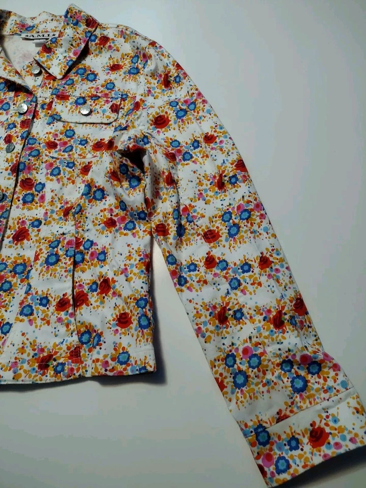 Chaqueta AMI Para Mujer Grande Naranja Azul Estampado Floral Manga Larga Botones Delanteros Foto 4 de 4