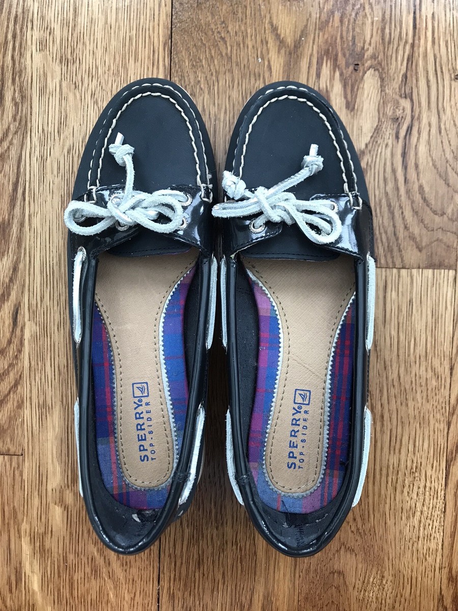 SPERRY *Audrey* Boat Shoes Navy Blue Leather w/ Metallic Silver Laces Sz  EUC